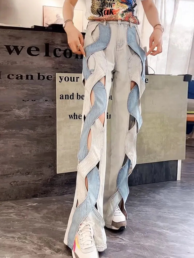 Calça jeans feminina VGH Crisscross Hit Color Streetwear cintura alta patchwork bolsos vazados calças femininas