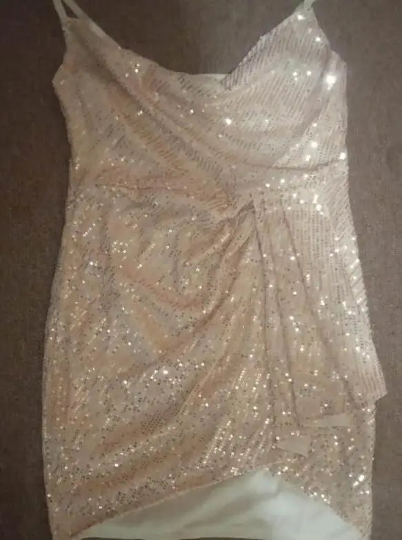 Women Spaghetti Strap Sleeveless Ruched Mini Sequin Dress