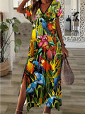 Simple Fashion Women's V-neck Dress Striped Print Women's Dress Summer Loose Comfortable Slit Women's Short-sleeved Dress