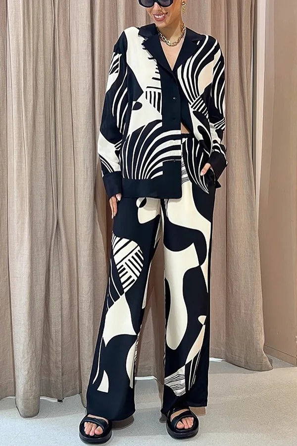 Casual Print Shirt Women 2 Piece Set Elegant Loose Long Sleeve Shirts Wide Leg Pants Female Suit 2024 Summer Fashion Lady Outfit