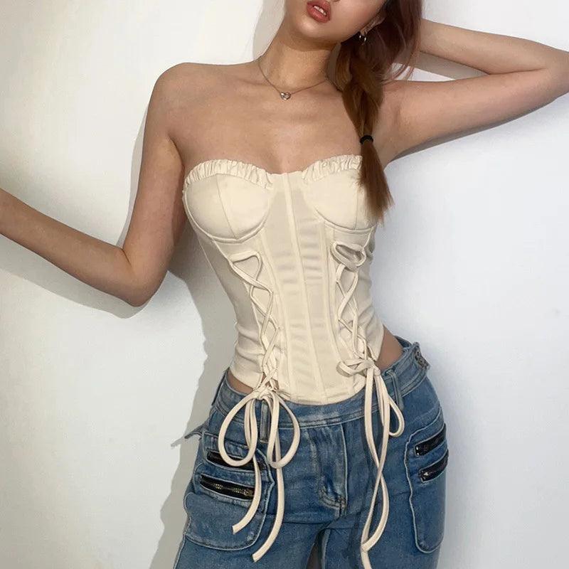 Harajuku Kawaii Vintage Cami Vest Hot Girl Crop Top White Lace Frill Zipper High Waist Bandage Slim Fit Corset Y2K Top Women - CRAVO ROSE