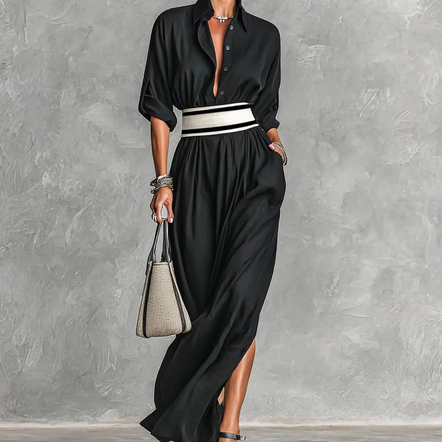 Women's Shirt Maxi Dress with Wide Striped Belt | Roll-Up Sleeve High Slit Elegant Casual Formal Outfit