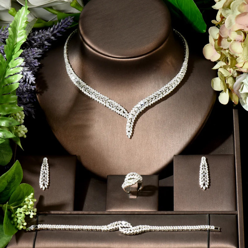 Conjunto de joias de casamento de zircônia cúbica, conjunto de 4 peças para noivas, conjunto de joias femininas, reprodução de marca de joias