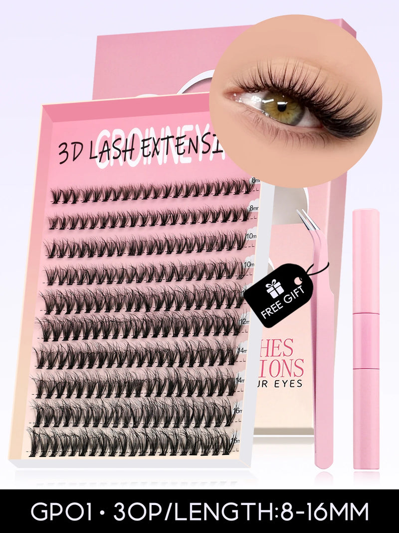 Kit de cílios postiços GROINNEYA faça você mesmo, cílios de manga de 10 a 18 mm, bandeja mista, conjuntos de cílios individuais, kit com cílios postiços faça você mesmo