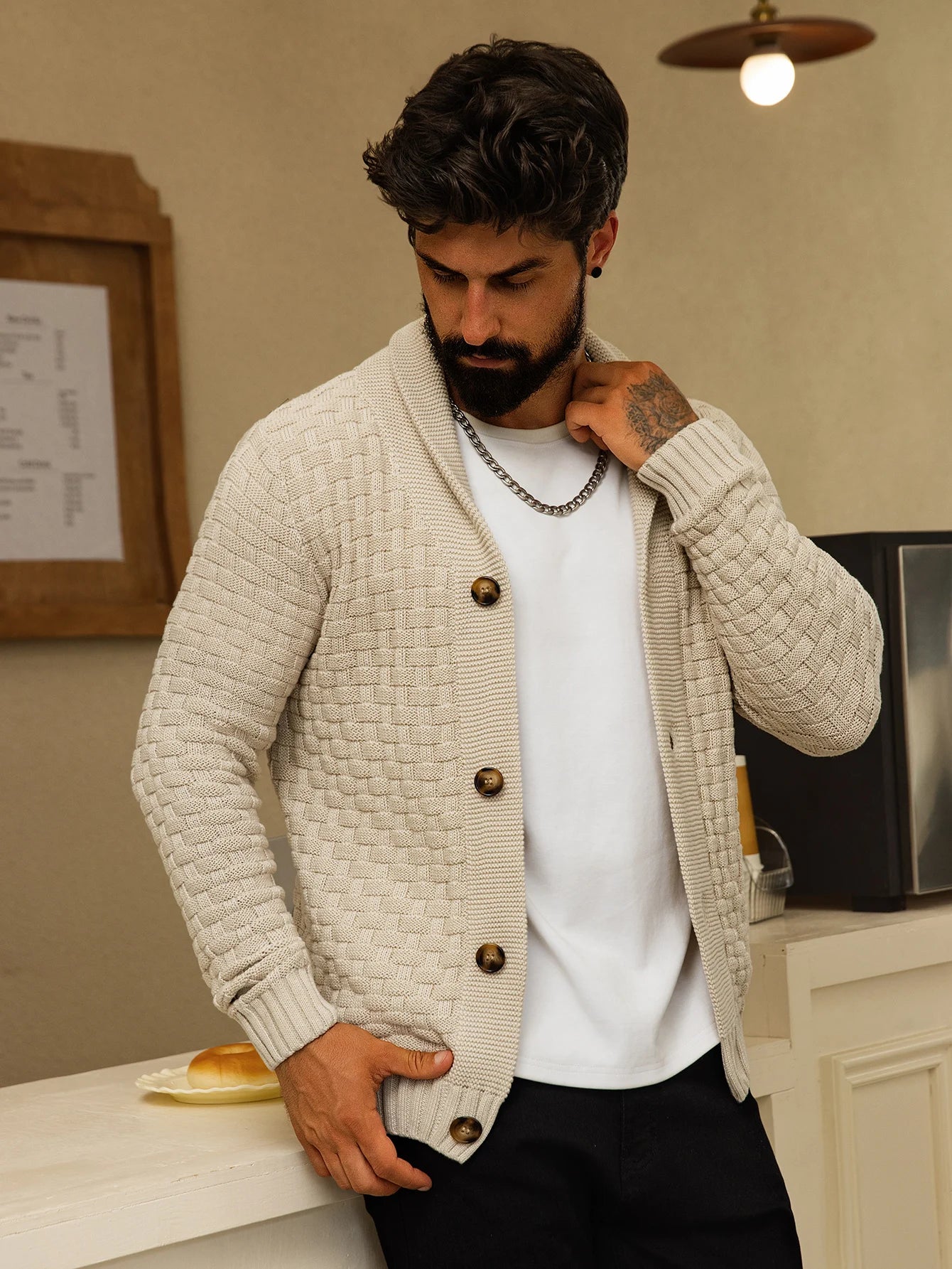 Men's Autumn Winter Cardigan Sweaters Warm Knitted Open Front Long Sleeve V-Neck Pullover in Solid Color for Men
