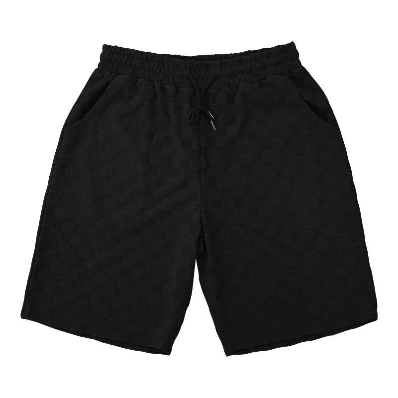 Conjunto de shorts casuais de perna reta e tamanho grande, camiseta xadrez jacquard de manga curta para homens, verão 2025