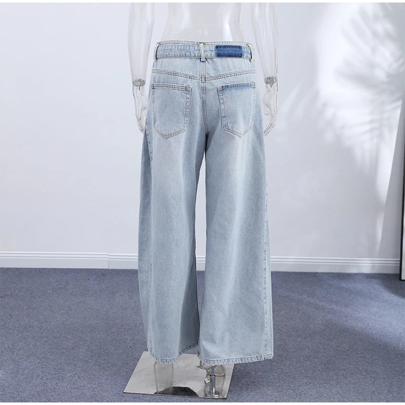 Y2k Hot Fix Rhinestone Cutout Women's Jeans Summer Street Low-rise Wide Leg Loose Denim Pants Lady New Fashion Party Trousers