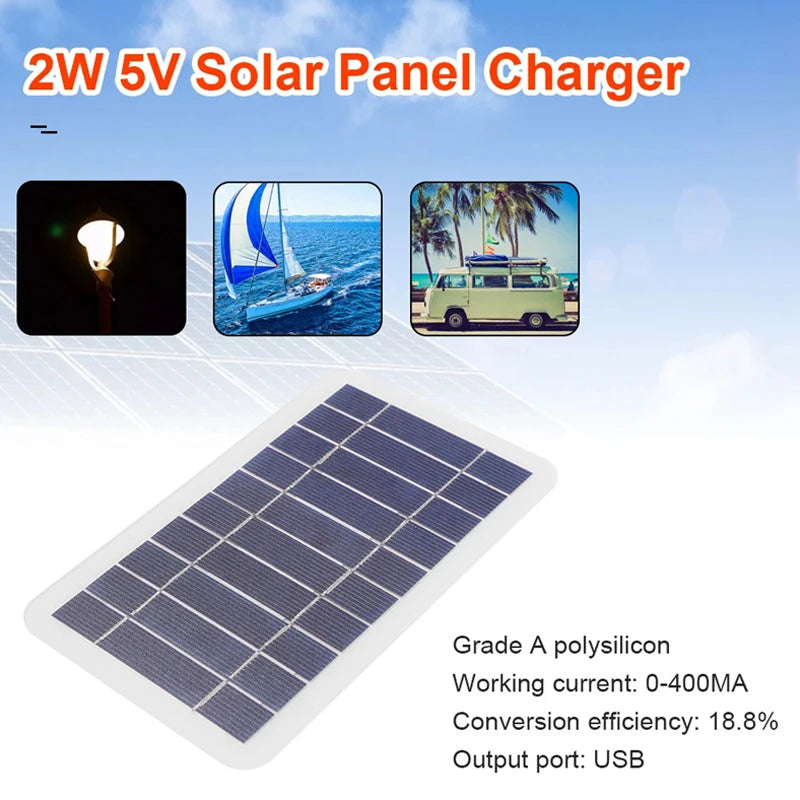 Painel solar de 2 W e 5 W com USB à prova d'água para caminhadas ao ar livre e acampamento, bateria portátil, carregador de celular, painel de carregamento de 5 V