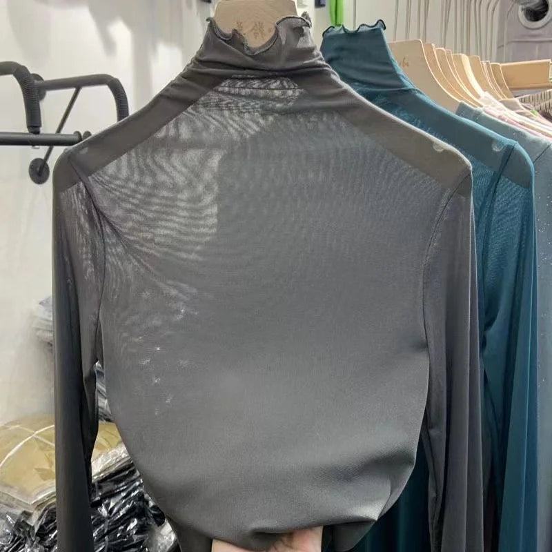 Women's Long Sleeve T-Shirt Lace  Mesh Base Shirt High Collar Pure Color Spring Autumn Fashion Breathable Comfortable Ski...