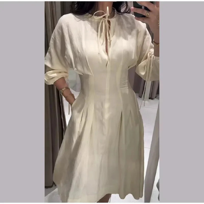 Women's Dress 2026 Summer New Beige Long-Sleeve Loose Tie-Decorated Long Dress Elegant and Graceful Beach Vacation