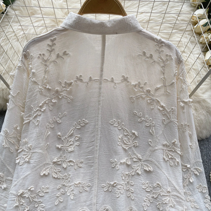 Camisa solta bordada SINGREINY feminina elegante retrô com lapela sólida manga comprida blusa feminina de alta qualidade moda verão