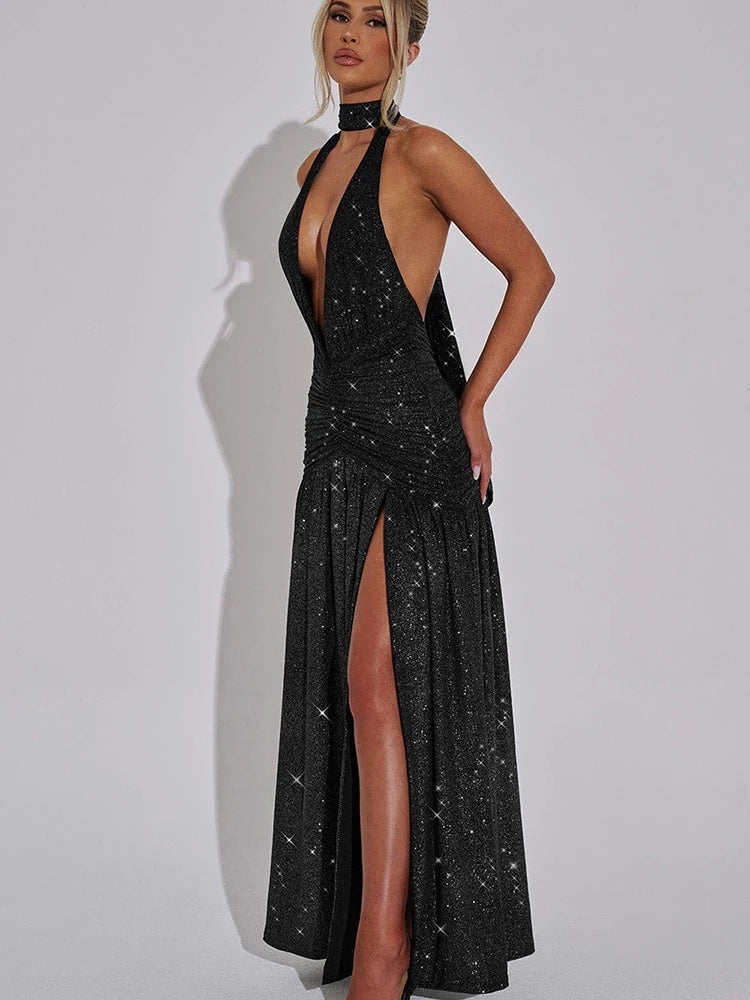 JULISSA MO Glitter Bright Silk Deep V-neck Women Maxi Dress Khaki High Slit Halter Dress Spring Slim Elegant Party Evening Dress
