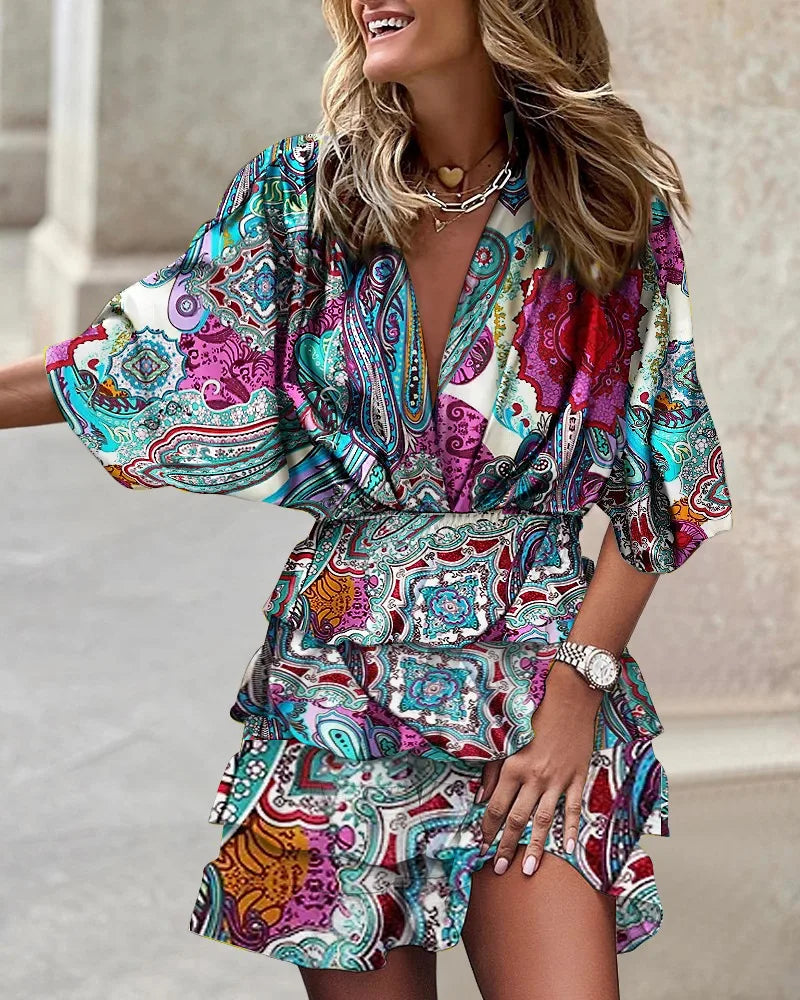 Print  Cross-border independent station fashion classic explosive autumn bat sleeve V-neck hemline irregular dress women's dress