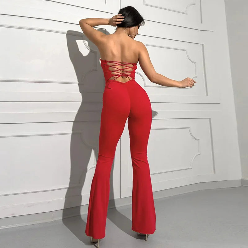 2025 Summer Women's Solid Color Back Strap Strapless Strapless Open Shoulder Tight Micro Flared Pants Jumpsuit
