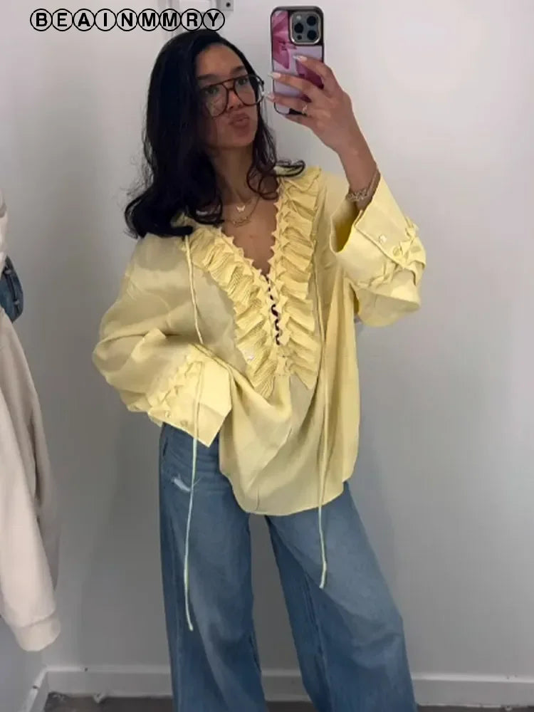 Blusa de chiffon com babados e manga comprida, blusa feminina casual solta, gola V, manga comprida, blusa de rua, primavera/verão 2025