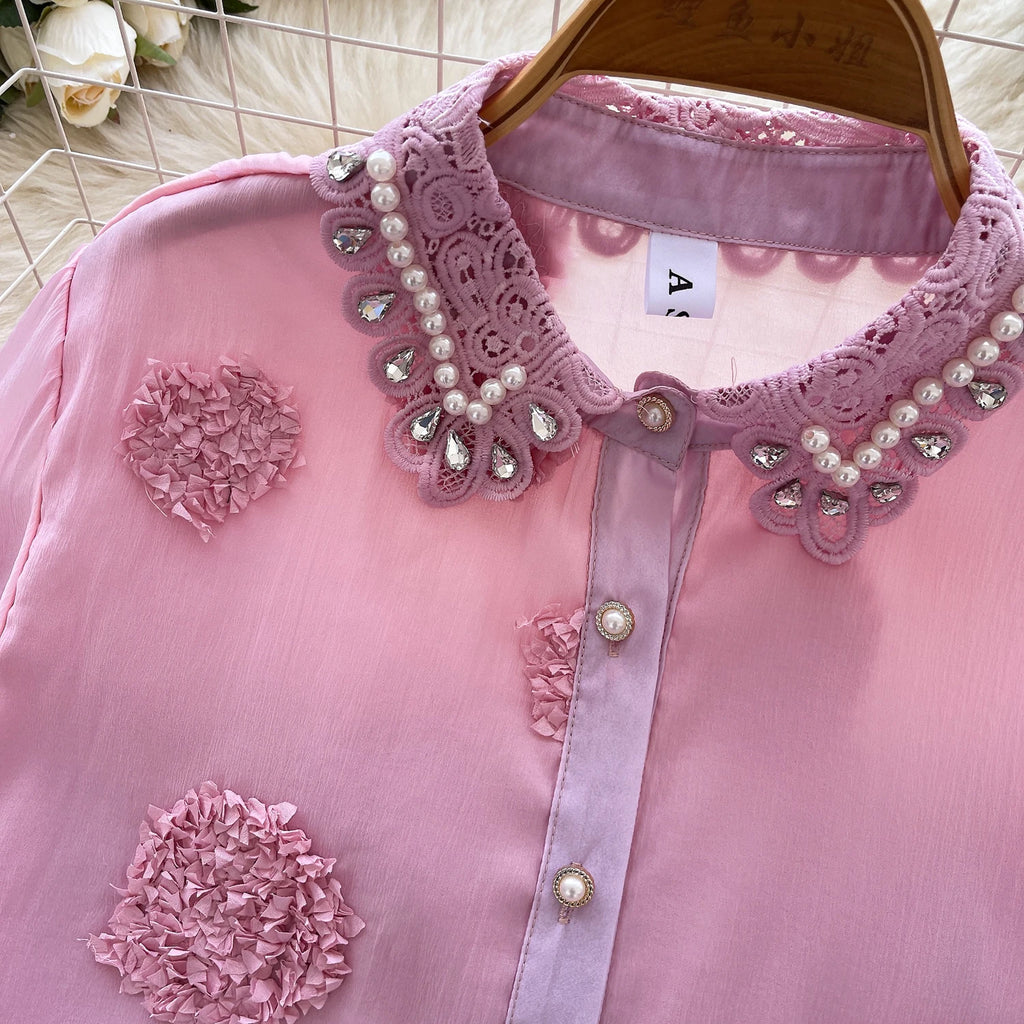 Blusa básica de manga comprida, gola polo vintage, gravata, abotoamento simples, solta, com strass, moda urbana francesa, blusa de outono