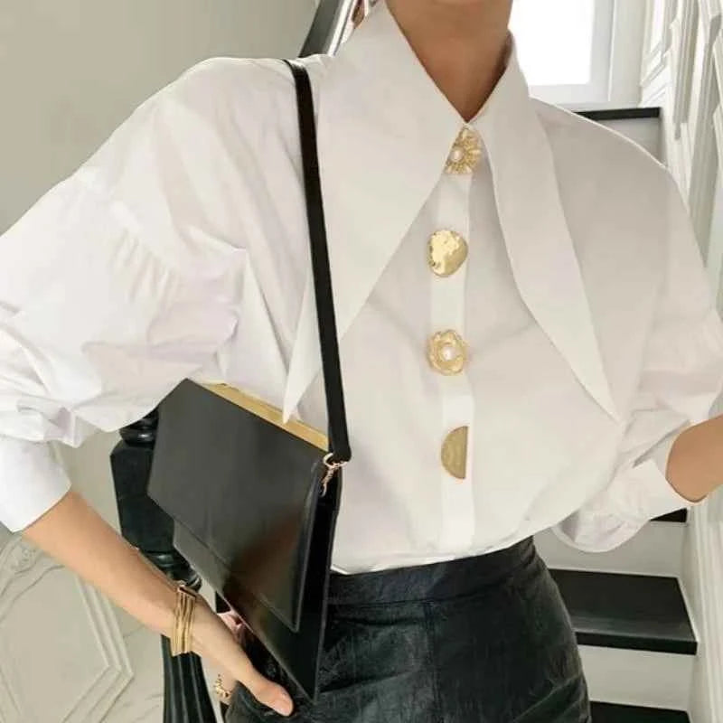 2026 Casual Long-sleeve Shirt Women New Fashion Turn Down Collar Big Button Retro Blouse Female