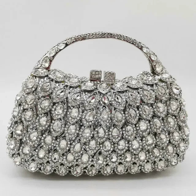 Boutique De FGG Pink Crystal Rhinestone Clutch Handbag Women Metal Minaudiere Top Handle Tote Purse Wedding Party Evening Bag