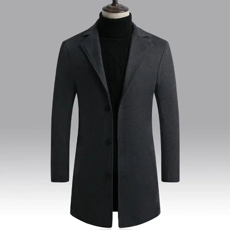 Casaco masculino de abotoamento simples, corte slim, corta-vento com cinto, jaqueta longa, casual, liso, à prova de vento, sobretudo masculino