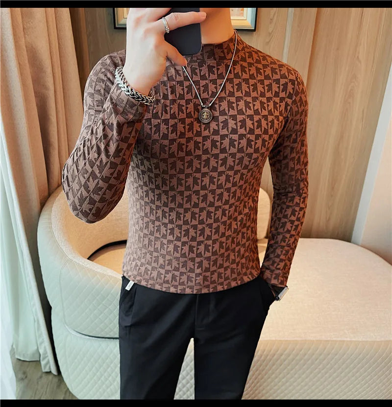 Camiseta elástica estampada de gola alta semi alta para homens, roupas de outono, nova, mangas compridas, jacquard, justa, cor sólida, camiseta slim fit