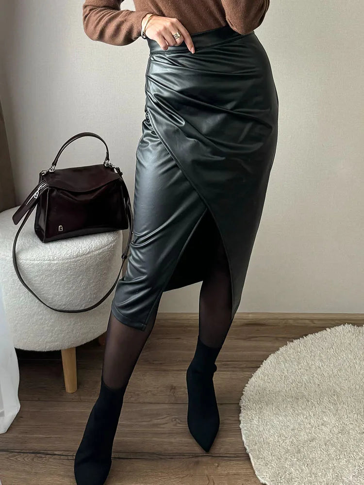 Women Midi Leather Skirt Sexy Split High Waist Zipper PU Front Slit Skirts Ladies Black Faux Leather Folded Skirt For Women