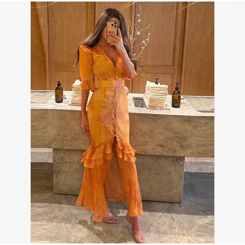Women White Floral Print Maxi Dress V Neck Puff Sleeve Peplum Waist Fishtail Hem Chiffon Robe Elegant Party Wedding Guest Gown
