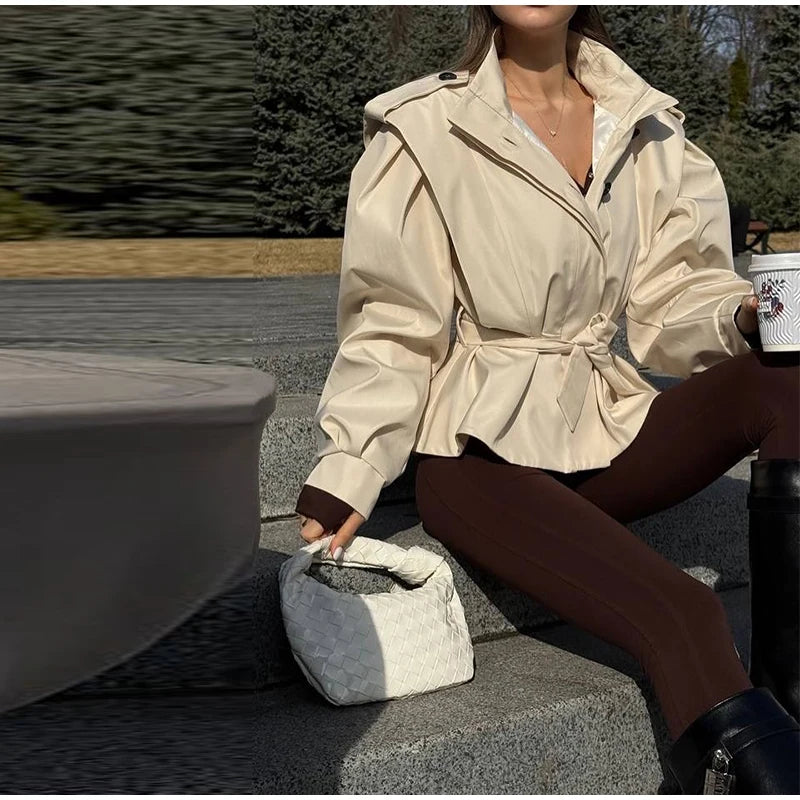 Fashion Stand Collar Belted Waist Short Jacket For Women Casual Puff Sleeve Wide Shoulder Coat Lady 2026 Chic Street Outerwear
