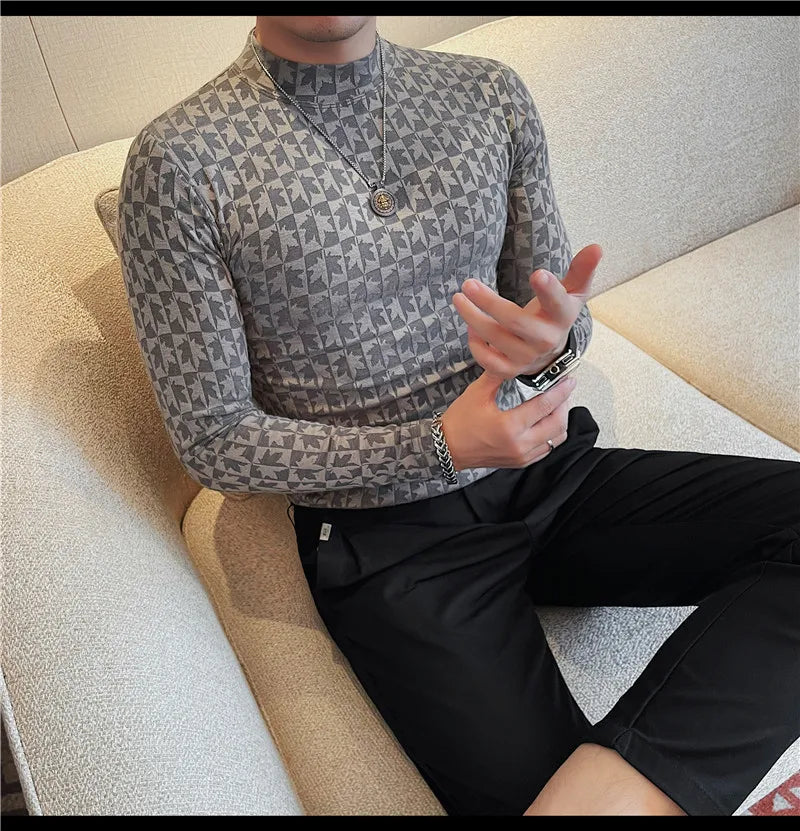 Camiseta elástica estampada de gola alta semi alta para homens, roupas de outono, nova, mangas compridas, jacquard, justa, cor sólida, camiseta slim fit