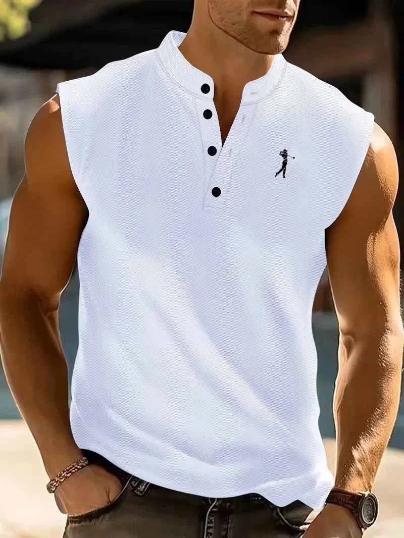 Summer Men's Casual Sleeveless Polo Shirt Golf Embroidery Stand Collar Button Tank Top for Sports