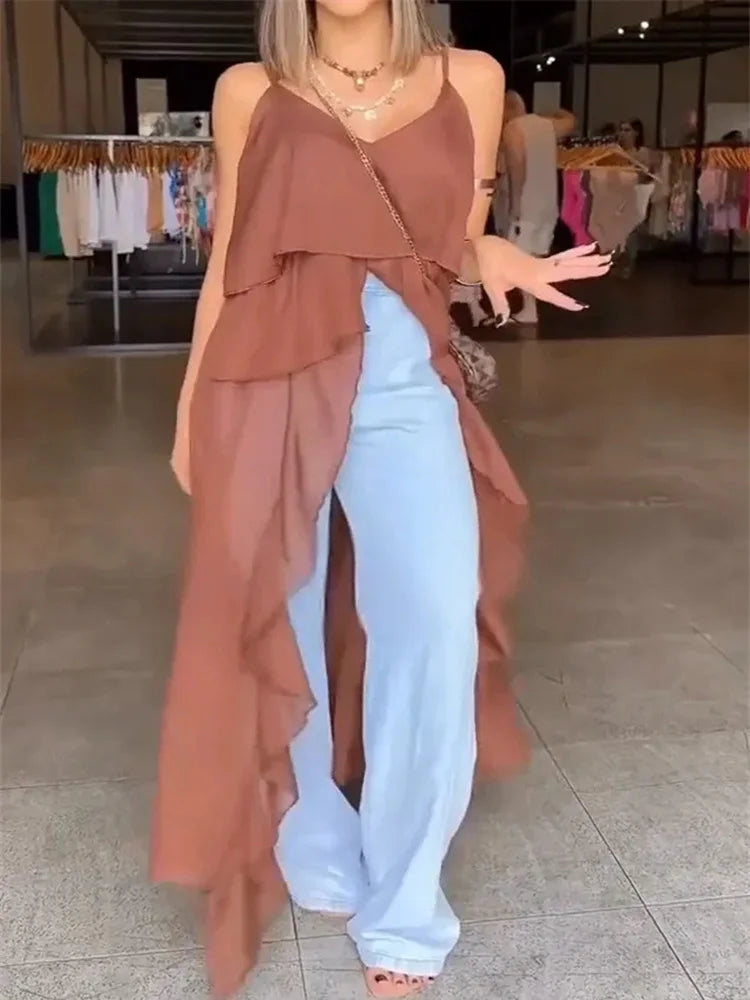 Blusa feminina longa com babados, elegante, lisa, sem mangas, casual, 2025, praia, decote em V, costas nuas, blusa feminina