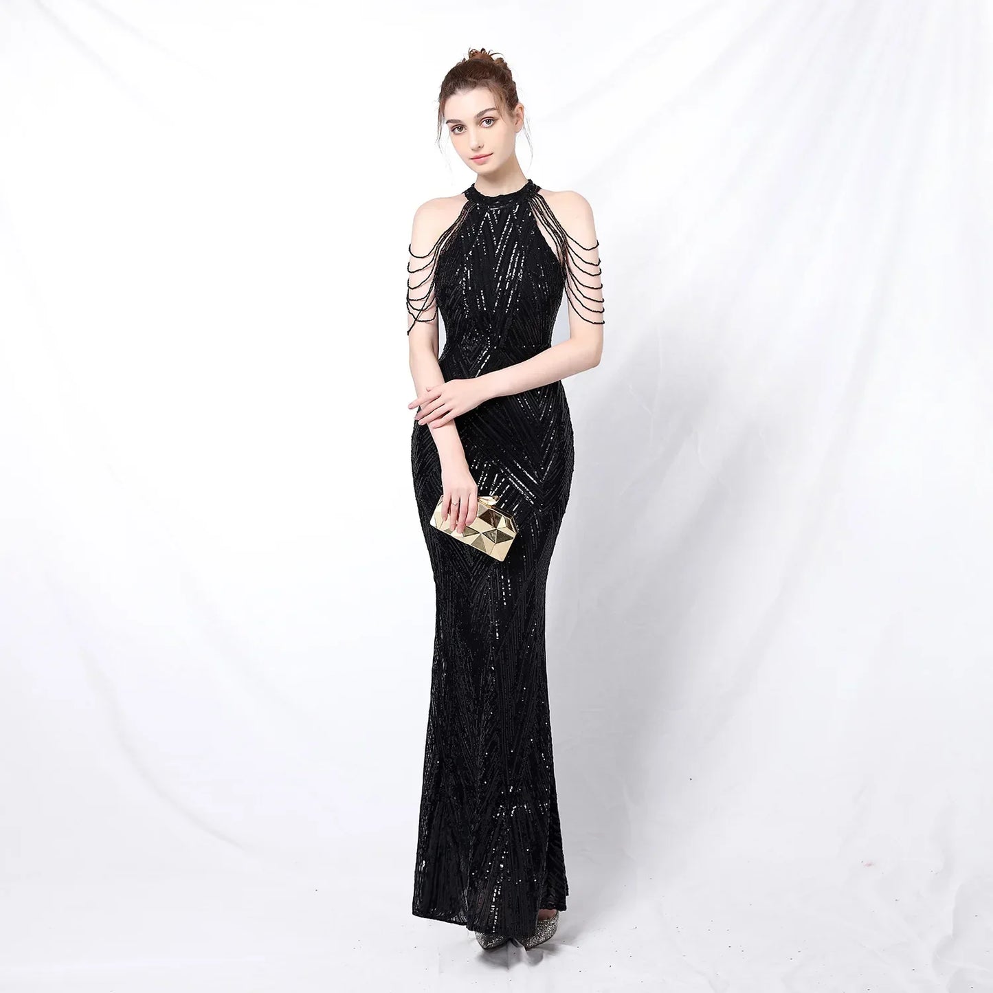 Xmas Sequin Maxi Dress Halter Neck Stripe Mermaid Long Lady Coctail Prom Dress Party Evening Dancing Performance Shimmering Wear