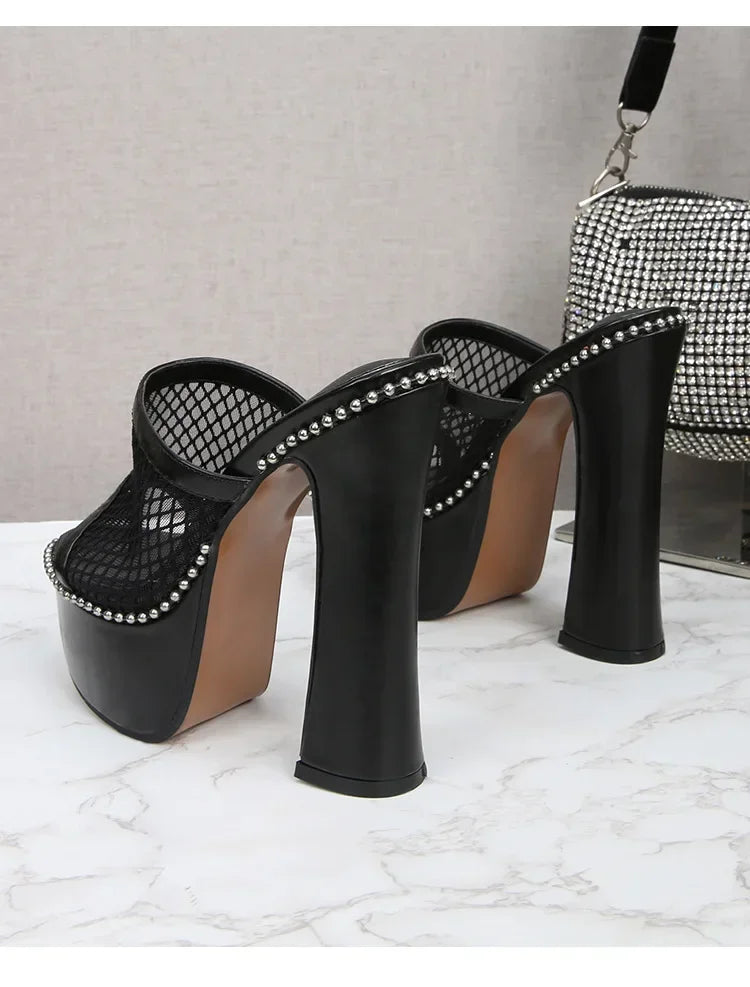 Women Mesh Lace Sandals  Summer Sexy High Heels Platform Slippers Ladies Fashion Bright Leather Comfort Open Toe Sandals
