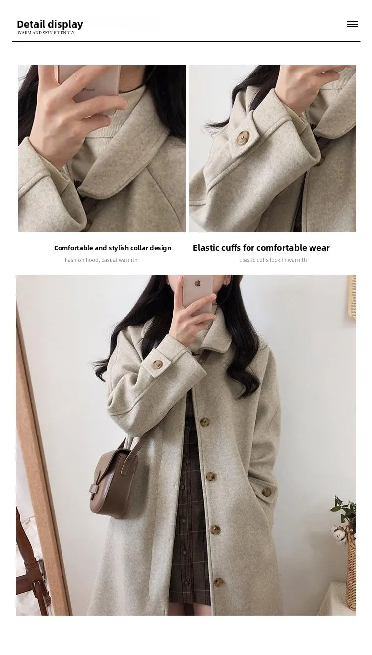 Autumn Winter Korean Style Loose Woolen Coat 2025 Slimming Knee-Length Tweed Women's Mid-Length Elegant Outerwear