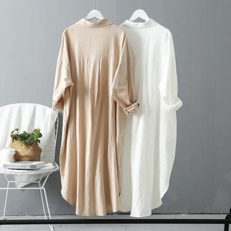 2024 Spring Casual Women's Blouses Korean Clothing Autumn Vintage Linen Cotton Mid-Length White Shirt Dress For Female Chic Tops - CRAVO ROSE