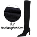 Botas BIGTREE de camurça sexy acima do joelho, pretas, de pelúcia, quentes, femininas, de inverno, finas, de salto alto, botas longas, plus size 42 43