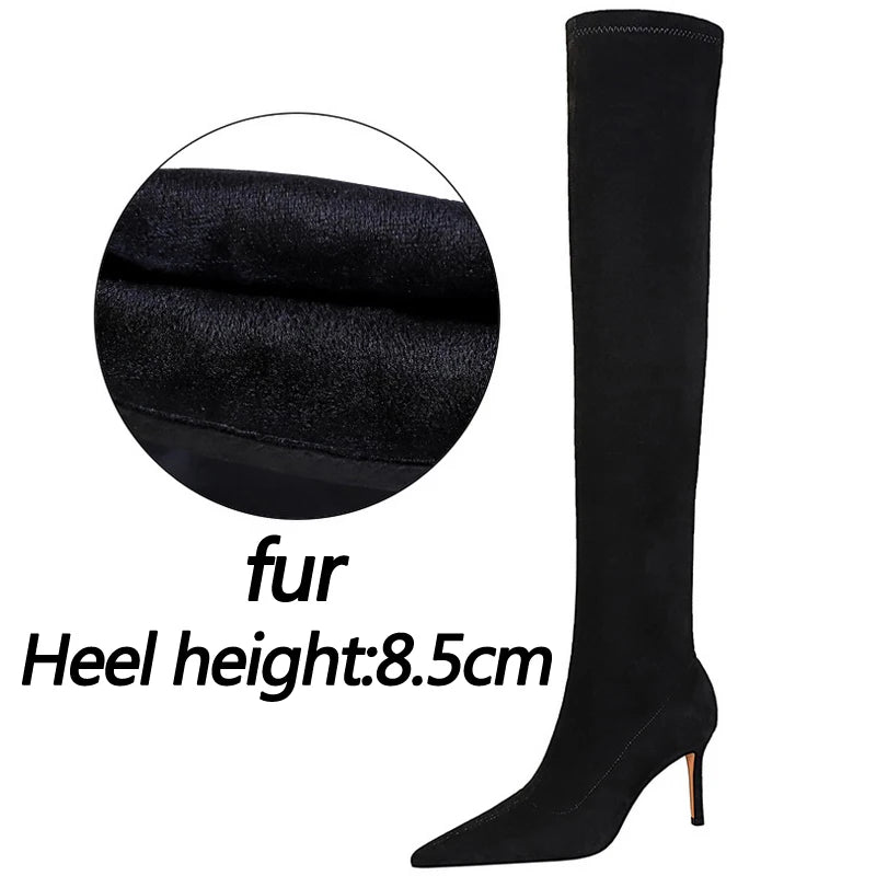 Botas BIGTREE de camurça sexy acima do joelho, pretas, de pelúcia, quentes, femininas, de inverno, finas, de salto alto, botas longas, plus size 42 43