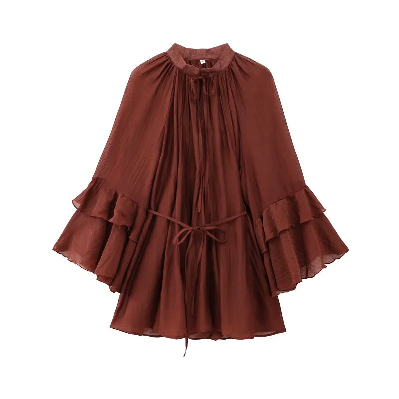 HXAO Woman 2025 Dress Ruffle Long Sleeve Mini Dress Summer Tie Fairy Short Dresses For Women Pleated Elegant Party Dresses 088