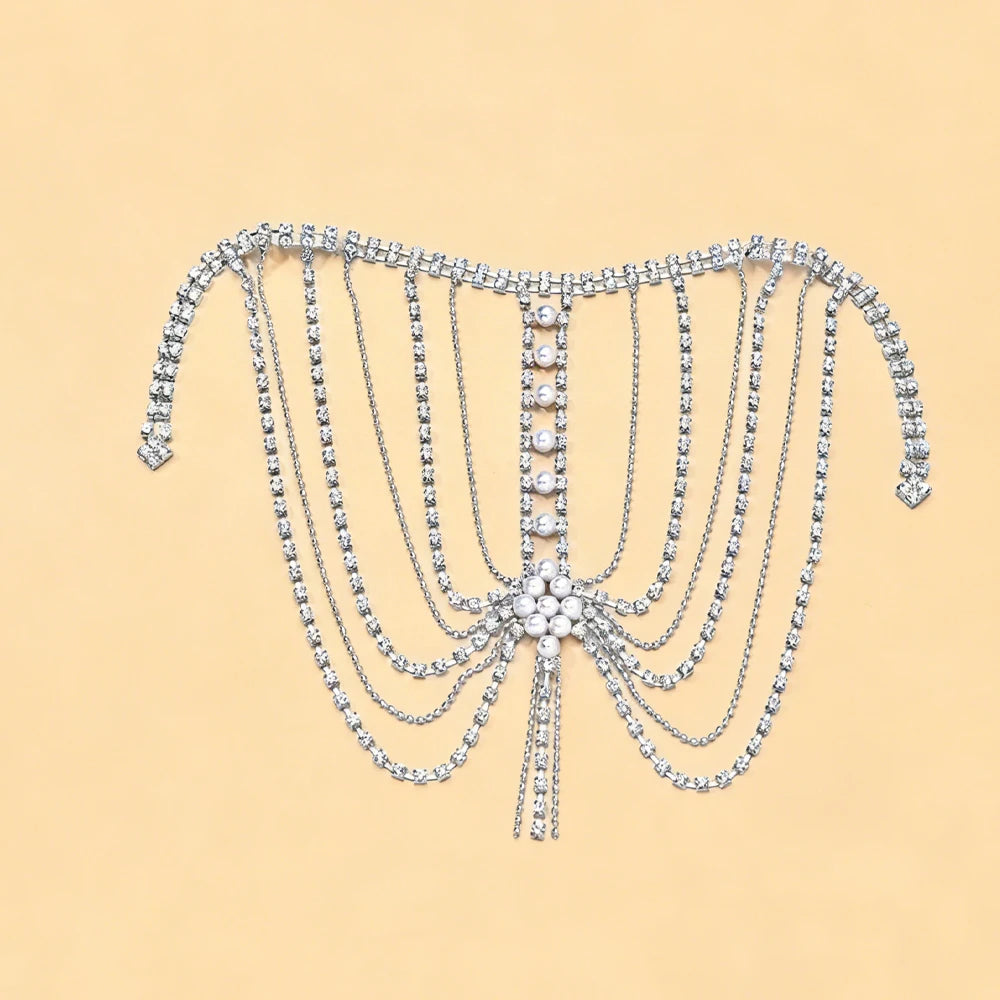 Multilayer Rhinestone Tassel Shoulder Chain Lingerie Accessories 2026 Fashion Round Pearl Bridal Body Chain Top Wedding Jewelry