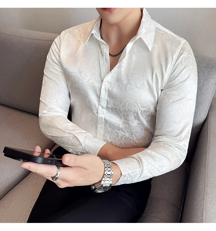 Men's Social Shirt New Rose Printed Long Sleeve Shirt Luxury Fashion Business Slim Fit Formal Shirt Men's Clothing 4XL-M