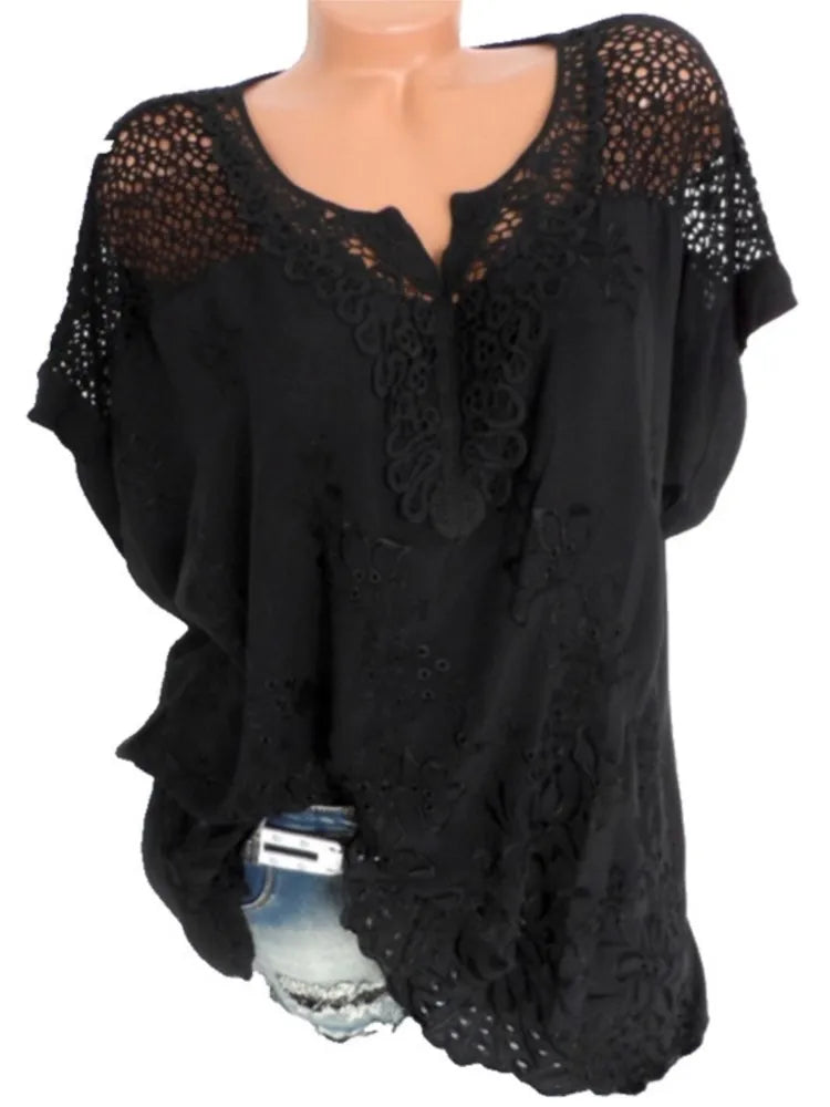 Blusas e tops femininos de manga curta da moda verão, camisa solta de renda branca patchwork 6xl, tops femininos, roupas casuais