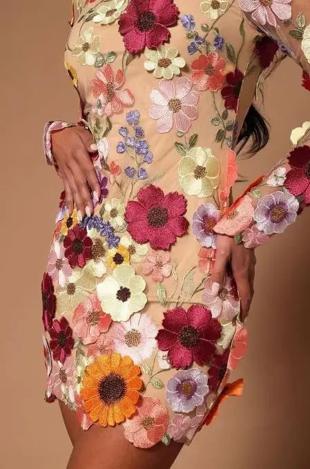 Sexy Women's Dress 2023 Spring Autumn Sweet Style Half Turtleneck 3D Flower Package Hip Sexy Straight Long Sleeve Mini Dress