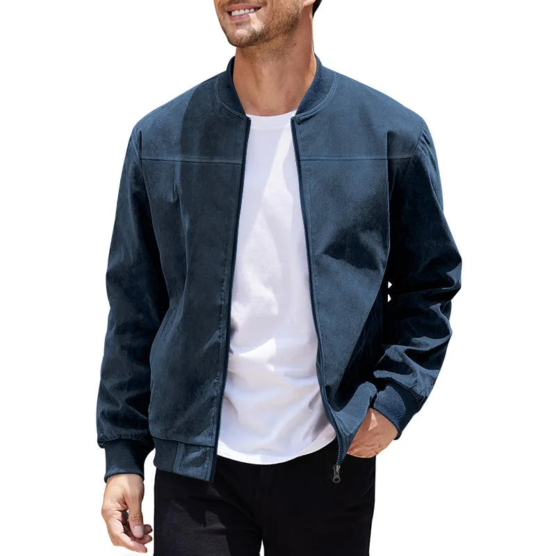 Men's Business Casual Suede Jacket Zipper Collar Warm Sporty Outerwear Polyester Fabric Long Sleeve round Hem Knitted Sleeve