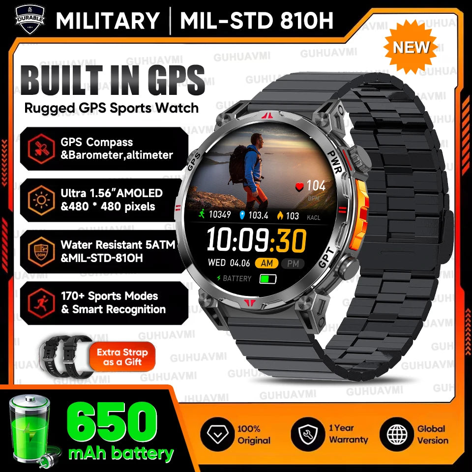 2025New Military T-Rex3 Ultra GPS SmartWatch Built in GPS Compass Altimeter Barometer 5ATM Waterproof 650mAh Sports Bracelet Men