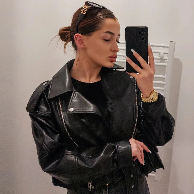 HXAO Black Pu Leather Jacket Women's Jacket Autumn 2025 Crop Asymmetric Zip Coat Long Sleeve Outerwears Chic Motorcyclist Jacket