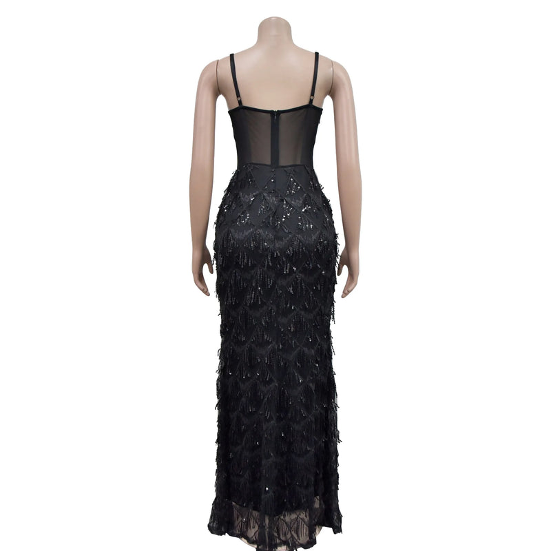 Women Sling Dress Floor Length Dresses Sequin Mesh Party Slim Bodycon Sheath Mesh Drilling Elegant Gown Sexy Vestidos 2024