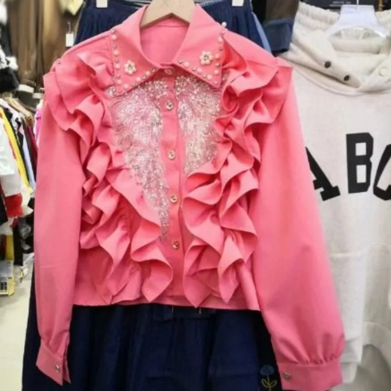 Camisa feminina Neploe com lantejoulas e miçangas pesadas,blusa preta com decote em V, manga comprida e babados, estilo Y2K