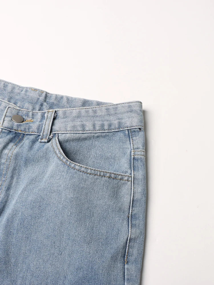 TWOTWINSTYLE Calça jeans feminina folgada com bolsos e patchwork, casual, lisa, cintura alta, botão emendado, streetwear, cargo, jeans feminino