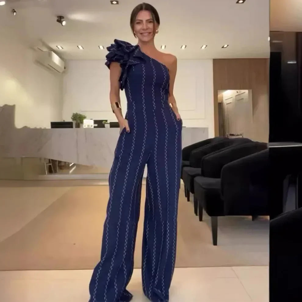 Macacão feminino listrado, gola torta, sem mangas, bolsos, peça única, calças largas, macacão para escritório