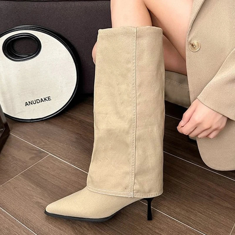Botas de couro chunky de salto alto femininas, bico fino, estilo Chelsea, novas bombas femininas, botas gladiadoras para neve