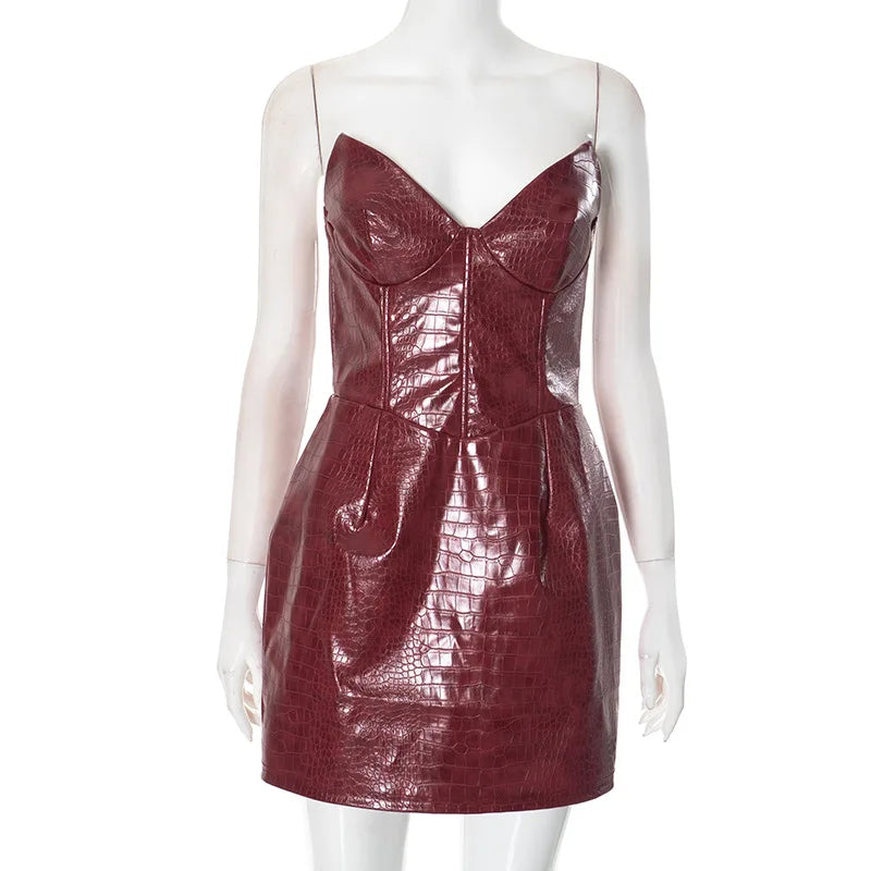 Nsauye New Elegant Sexy Fashion Leather Strapless Women Dress Night Club Evening Party Short Bodycon High Waisted Dress 2025